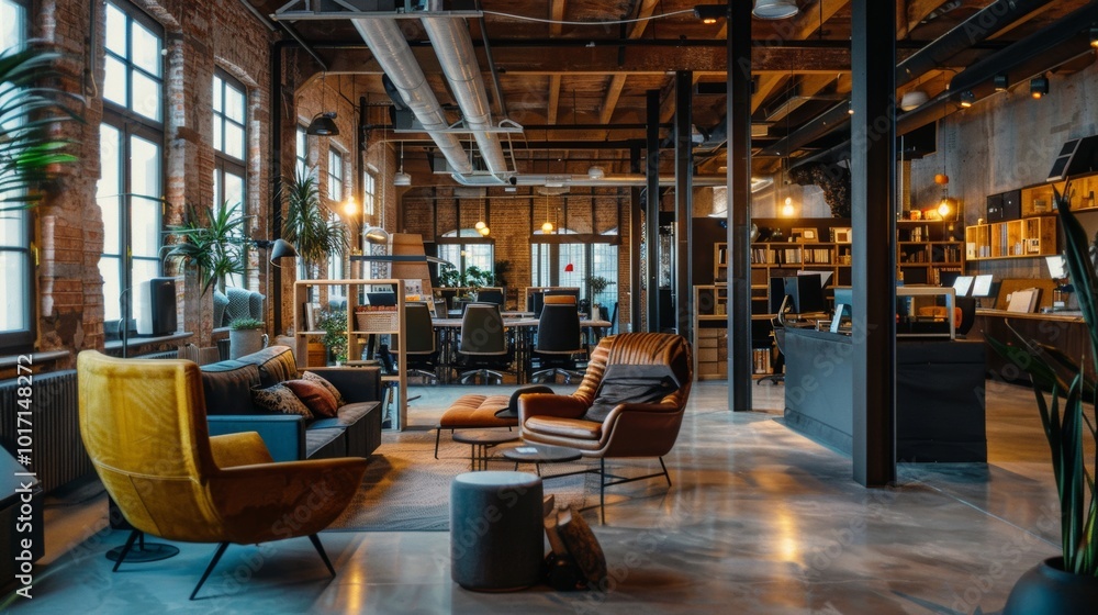 Cozy Industrial Loft Style Office with Brick Walls and Wooden Decor Cozy Industrial Loft Style Office with Brick Walls and Wooden Decor