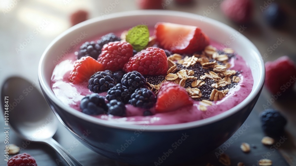 A fresh smoothie bowl filled with mixed berries, chia seeds A fresh smoothie bowl filled with mixed berries, chia seeds