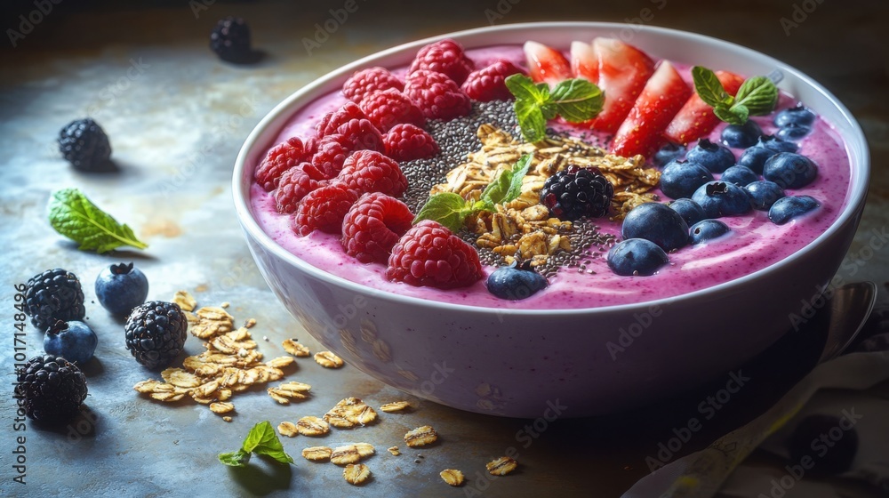 A fresh smoothie bowl filled with mixed berries A fresh smoothie bowl filled with mixed berries