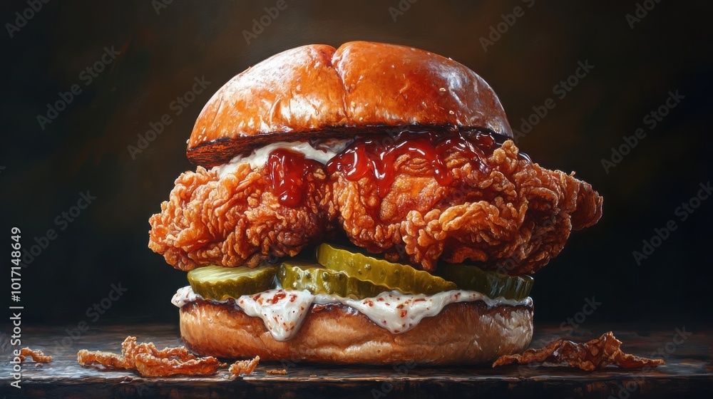 A juicy fried chicken sandwich with pickles and spicy mayo on a soft brioche bun A juicy fried chicken sandwich with pickles and spicy mayo on a soft brioche bun