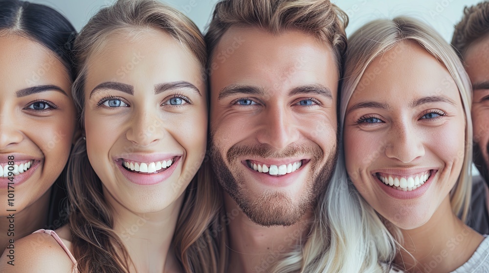 A group of five friends stands closely together, all smiling broadly and radiating happiness in a warm, inviting atmosphere. Generative AI A group of five friends stands closely together, all smiling broadly and radiating happiness in a warm, inviting atmosphere. Generative AI