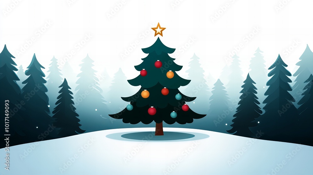 A decorated Christmas tree stands tall in a snowy forest, surrounded by evergreen trees. A decorated Christmas tree stands tall in a snowy forest, surrounded by evergreen trees.
