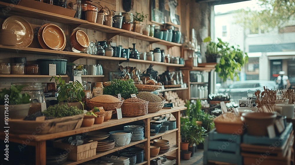 A vibrant thrift store featuring a diverse collection of antique household items alongside promotions for eco-friendly grains. Capturing the essence of sustainability and nostalgia. A vibrant thrift store featuring a diverse collection of antique household items alongside promotions for eco-friendly grains. Capturing the essence of sustainability and nostalgia.
