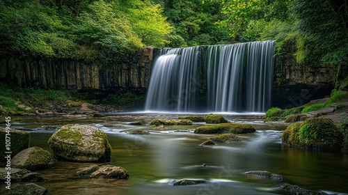Tranquil Waterfall Cascading into a Moss-Covered Riverbed