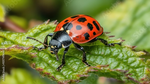 Close-up of a Ladybug on a Green Leaf with Red Edges