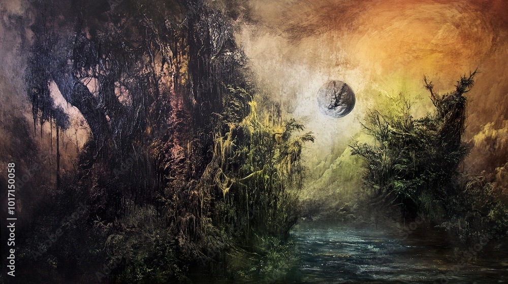 Fototapeta premium Enchanted Forest Landscape with a Mysterious Moon