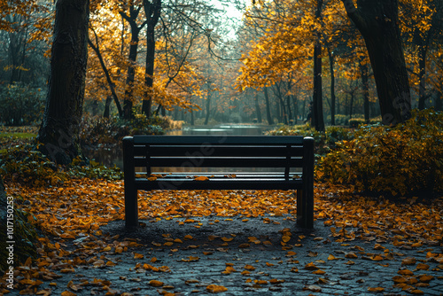 A lone bench in a park with no one around, symbolizing solitude and peace. Concept of minimalism.