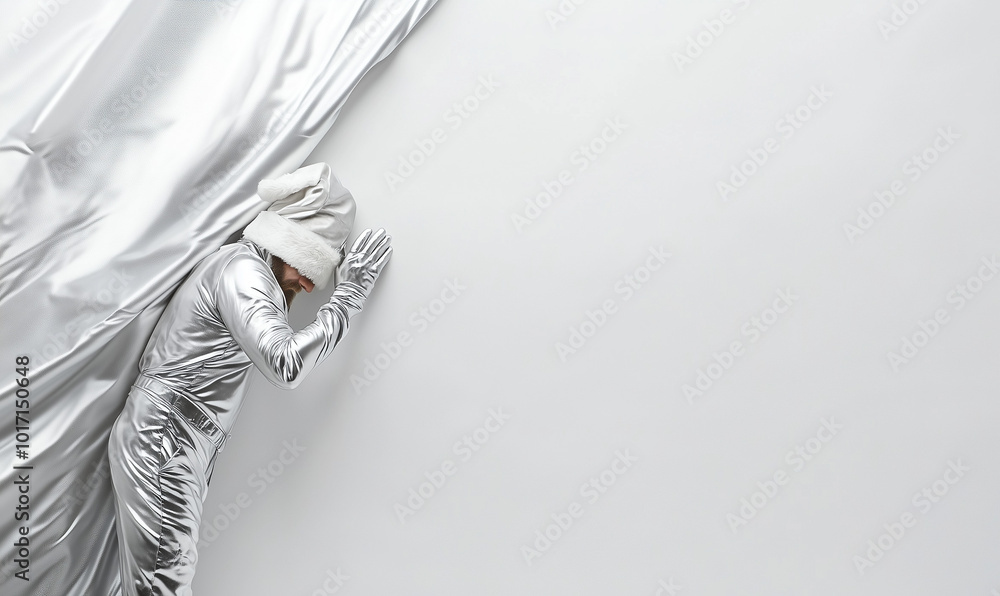 Obraz premium A white background features Santa Claus in a silver suit and hat, peeking out from the left side with his hand resting on a silver banner.