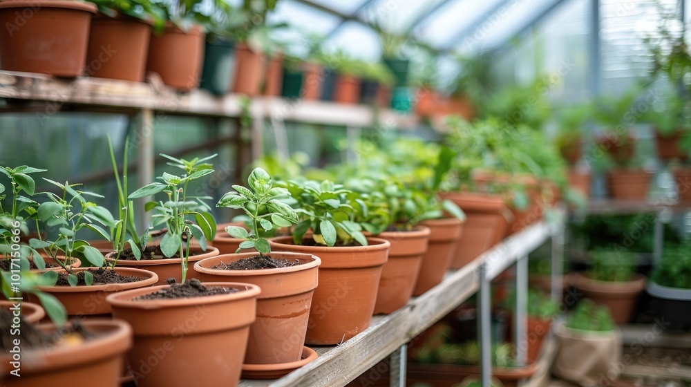 Plants in Small Pots in Contemporary Greenhouse Plants in Small Pots in Contemporary Greenhouse