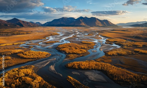 Aerial view of river delta with mountains in autumn