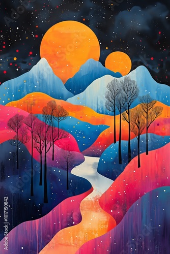Vibrant landscape with mountains, rivers, and colorful trees under a starry night sky.