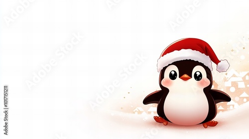 A cute penguin wearing a Santa hat looks at the camera in a wintery scene.
