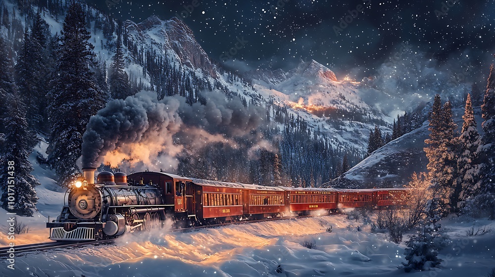 Scenic Winter Train Moving Down Snowy Tracks in Majestic Mountain Landscape picture Scenic Winter Train Moving Down Snowy Tracks in Majestic Mountain Landscape picture