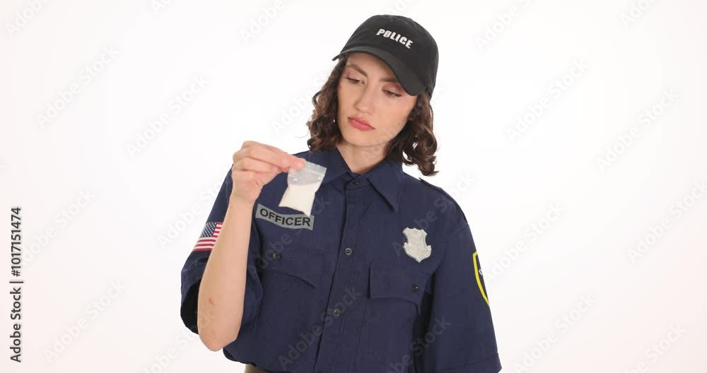 Policewoman presents small bag of white powder and pair of handcuffs. Scene illustrates concept of drug enforcement crime and justice Policewoman presents small bag of white powder and pair of handcuffs. Scene illustrates concept of drug enforcement crime and justice