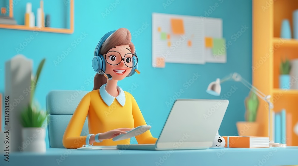 A 3D vector illustration of a hotline operator advising a customer. Depicts customer support, global 24/7 help service, online technical assistance, and a businesswoman freelancing. A 3D vector illustration of a hotline operator advising a customer. Depicts customer support, global 24/7 help service, online technical assistance, and a businesswoman freelancing.