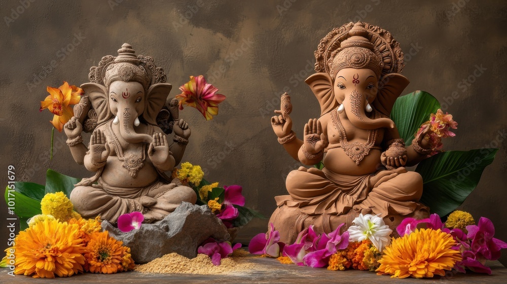Fototapeta premium A clay Ganesha statue accompanied by a Taoist deity figurine made from biodegradable materials, showcasing vibrant flowers and natural decorations to emphasize harmony with nature.