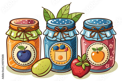 Various glass jars of jam with packaging paper, showcasing a delightful assortment of preserves