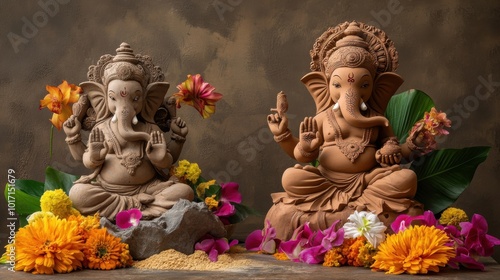 A clay Ganesha statue accompanied by a Taoist deity figurine made from biodegradable materials, showcasing vibrant flowers and natural decorations to emphasize harmony with nature. photo