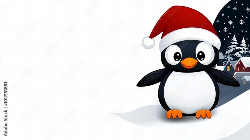 A cute penguin wearing a Santa hat looks at the camera with a cheerful expression. A cute penguin wearing a Santa hat looks at the camera with a cheerful expression.
