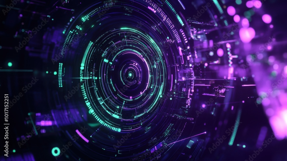 Fototapeta premium A dynamic HUD design featuring deep purple and bright green elements, with circular patterns and angular lines, conveying a sense of innovation and modernity.