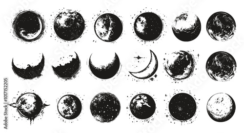 Vintage Moon Set Retro Style Black and White Block Prints Linocut Print Style Icons Celestial Art Decorative Illustrations for Crafting and Home Decor