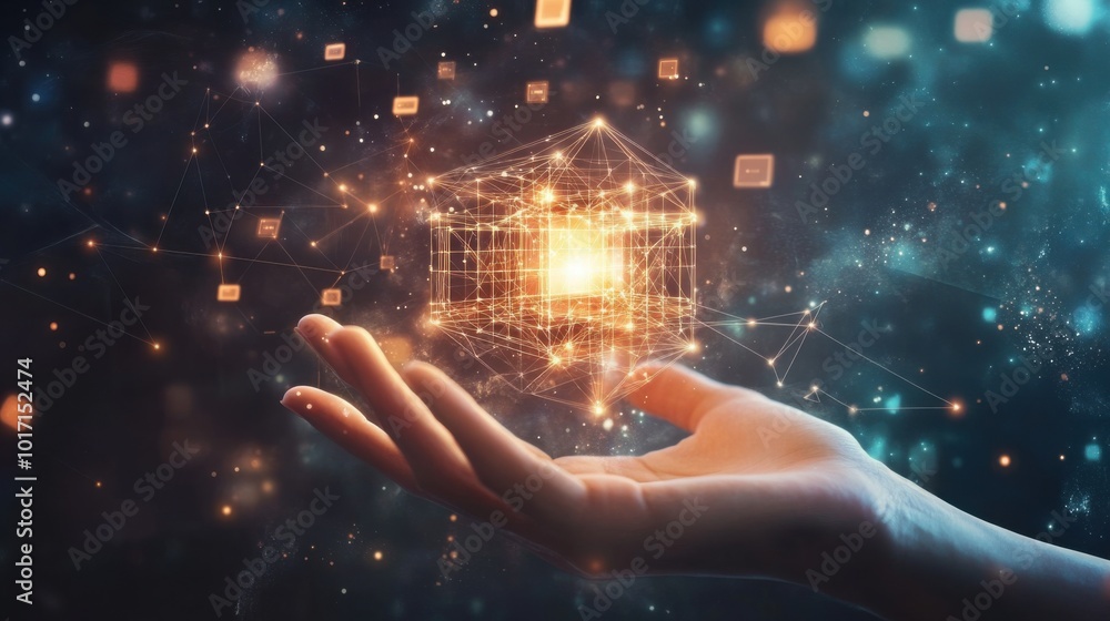 A creative visual of a human hand with geometric figures and cubes, surrounded by network diagrams and charts, symbolizing the concept of progress and development. A creative visual of a human hand with geometric figures and cubes, surrounded by network diagrams and charts, symbolizing the concept of progress and development.