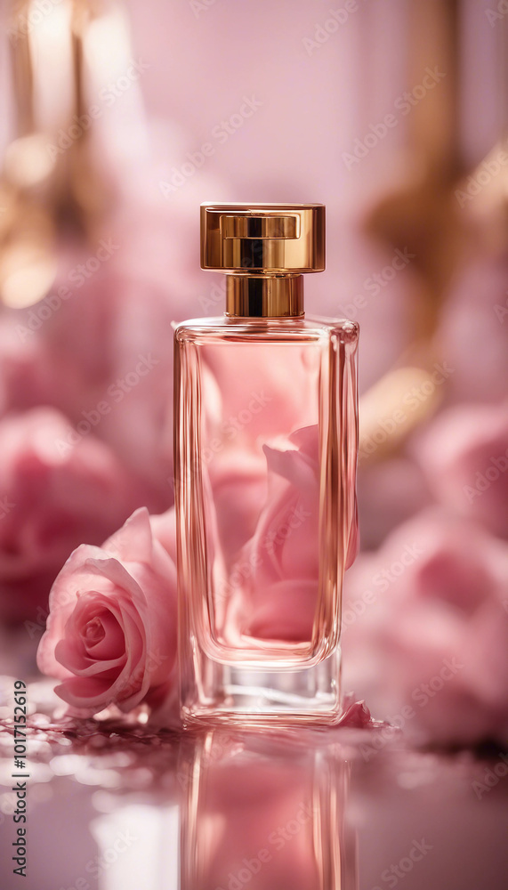 A Bottle of Perfume Womens Eau De Parfum in Beautiful Pink Rose and Gold Bottle vertical A Bottle of Perfume Womens Eau De Parfum in Beautiful Pink Rose and Gold Bottle vertical