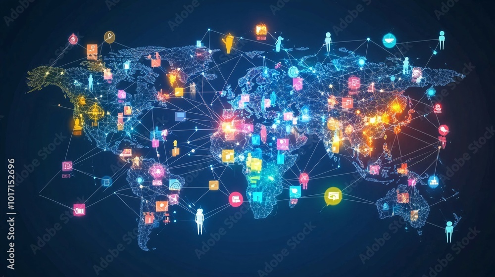 Obraz premium Global Network Map with Interconnected Icons and Lines