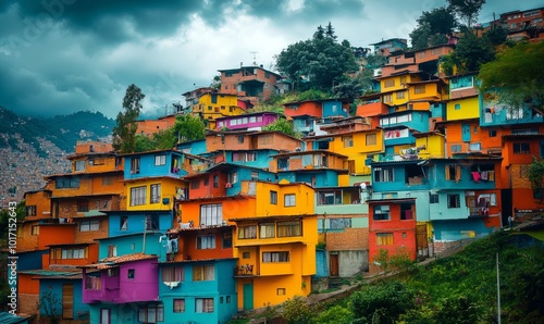 Colorful hillside favela with overcast skies in Medellin photo