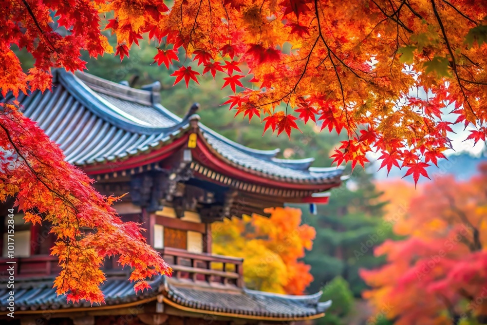Autumn temple with red maple and ginkgo leaves close-up Autumn temple with red maple and ginkgo leaves close-up