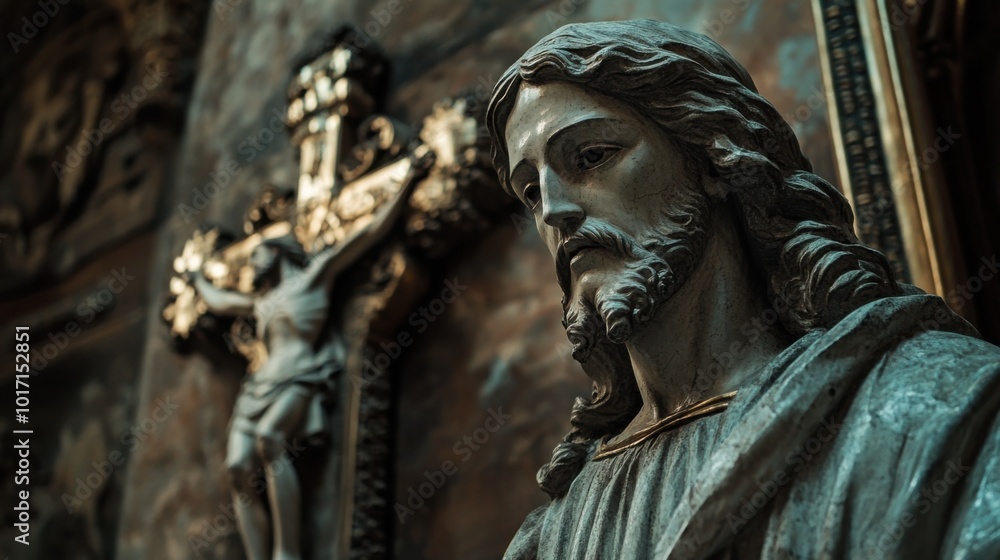 A contemplative scene of Jesus with a calm demeanor, gazing at a beautifully carved cross in an ancient church, capturing the essence of faith and reverence in a sacred space. A contemplative scene of Jesus with a calm demeanor, gazing at a beautifully carved cross in an ancient church, capturing the essence of faith and reverence in a sacred space.