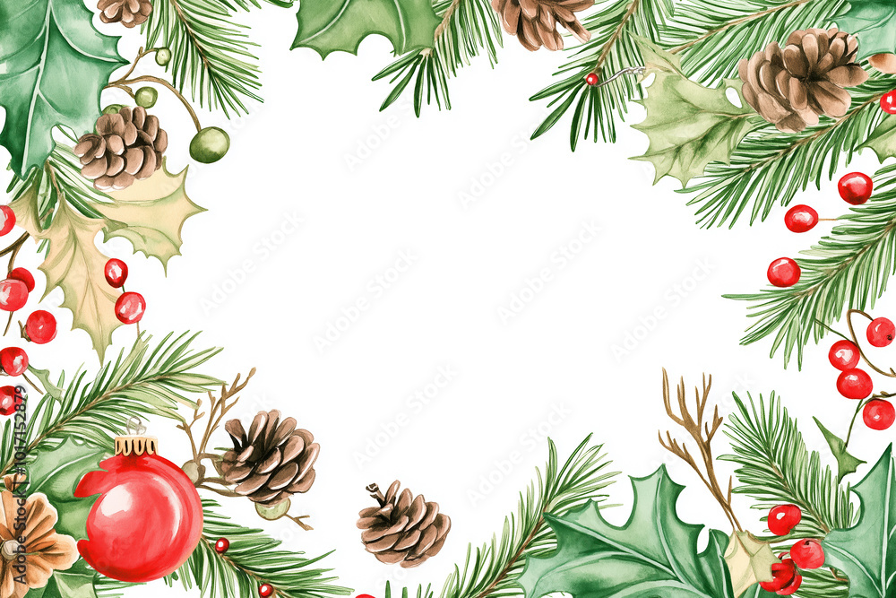 © Rosemarie Mosteller - 50s retro style Christmas background with watercolor paintings of holiday decor objects surrounding a blank center for your copy text