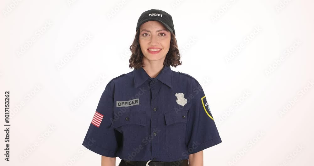 American policewoman in uniform and cap smiles standing on white background. Female offices expresses happiness performing justice power American policewoman in uniform and cap smiles standing on white background. Female offices expresses happiness performing justice power
