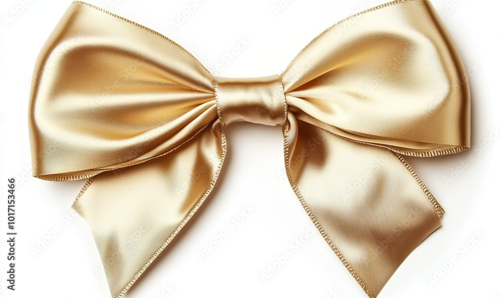 A gold ribbon bow is shown on a white background A gold ribbon bow is shown on a white background