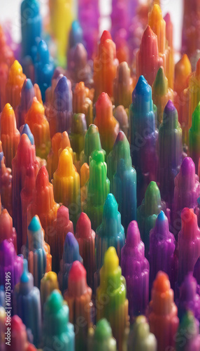 A futuristic abstract 3D texture with colorful cascading liquid rainbow crayons on a transparent bac