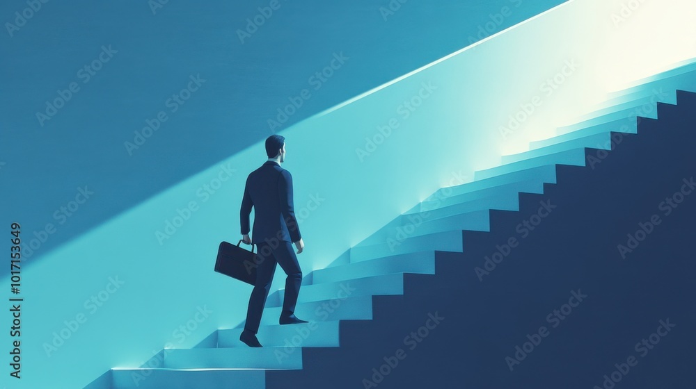 A businessman carrying a heavy briefcase up a staircase, symbolizing the uphill struggle and persistence required to achieve business goals, moving one step closer to success. A businessman carrying a heavy briefcase up a staircase, symbolizing the uphill struggle and persistence required to achieve business goals, moving one step closer to success.