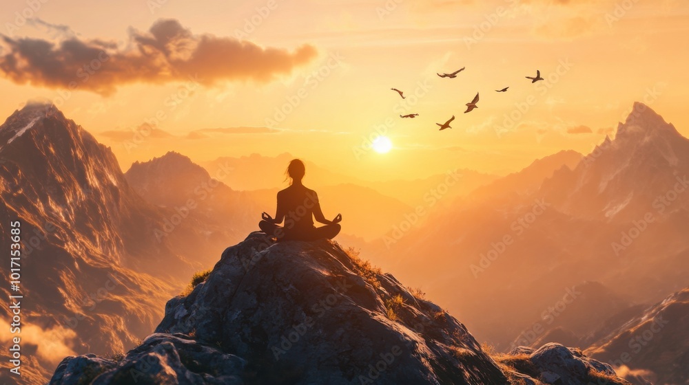 Fototapeta premium A person practicing meditation on a mountaintop at sunrise, surrounded by nature and the sound of birds chirping