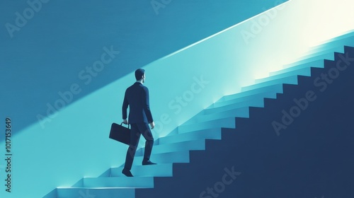 A businessman carrying a heavy briefcase up a staircase, symbolizing the uphill struggle and persistence required to achieve business goals, moving one step closer to success.