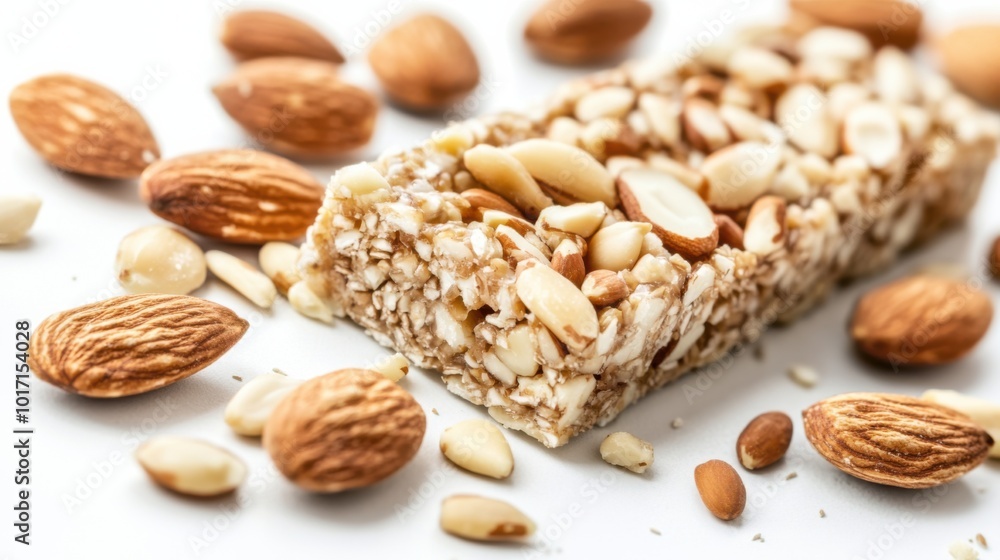 A close-up of a healthy protein bar made from almonds and seeds, isolated on a white background, showing a nutrient-dense snack. A close-up of a healthy protein bar made from almonds and seeds, isolated on a white background, showing a nutrient-dense snack.