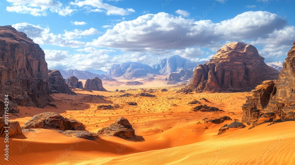 Fototapeta premium A mix of vibrant orange dunes, rugged rocks, and towering mountains set against a cerulean sky—the essence of Jordan's Wadi Rum.