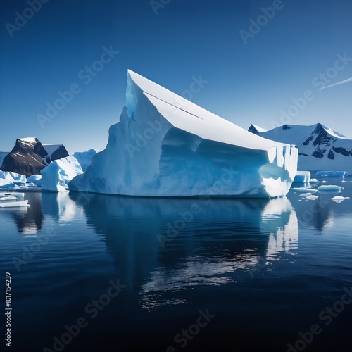 massive glacier iceberg floating in turquoise water with snowcapped mountains in the background photo