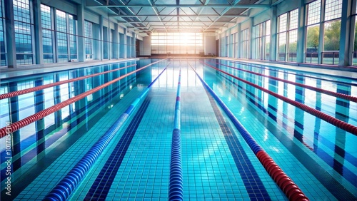 Indoor swimming pool with lanes and large windows