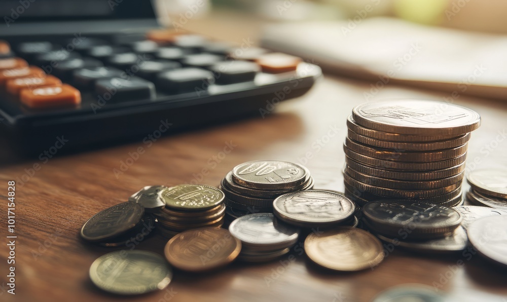 Financial concept Calculator, various coins and money on a wooden table surface Financial concept Calculator, various coins and money on a wooden table surface