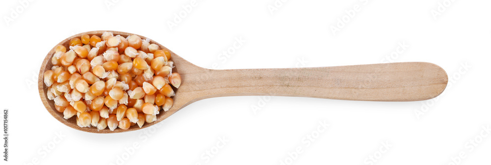 Fresh corn kernels in wooden spoon isolated on white, top view Fresh corn kernels in wooden spoon isolated on white, top view