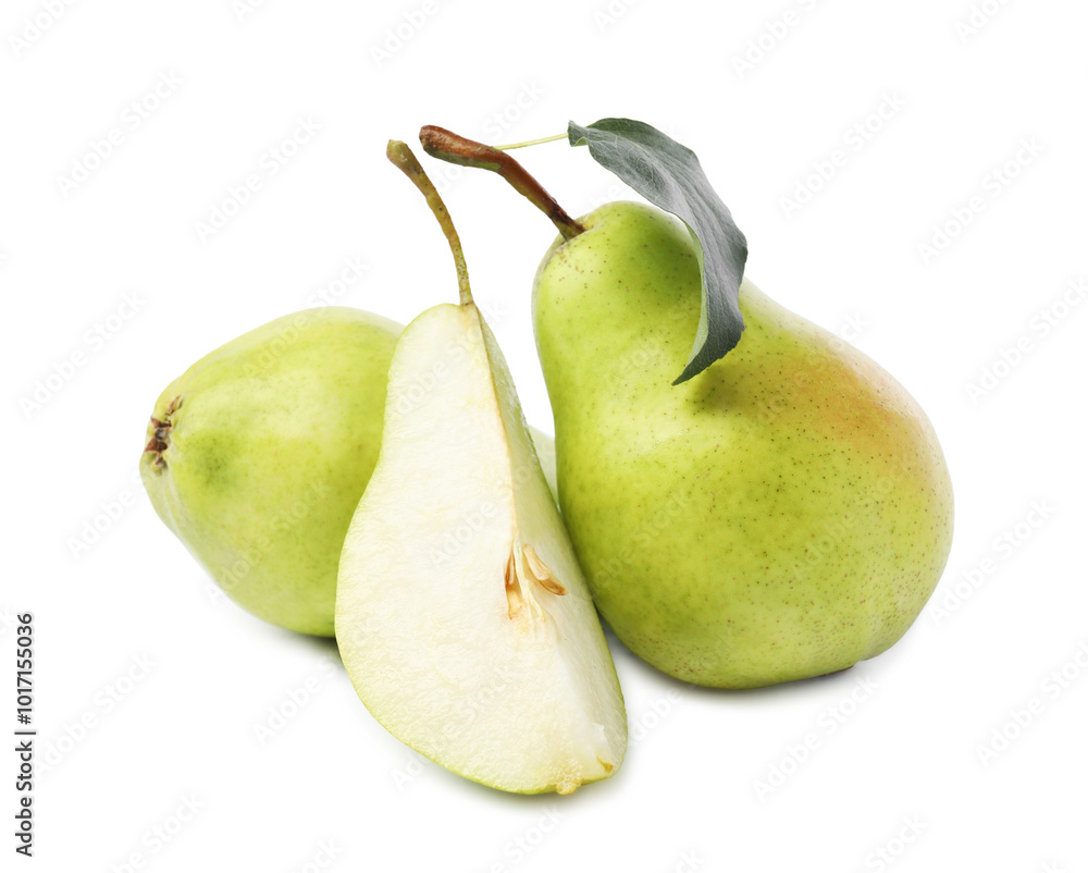 Fresh ripe pears with green leaf isolated on white Fresh ripe pears with green leaf isolated on white
