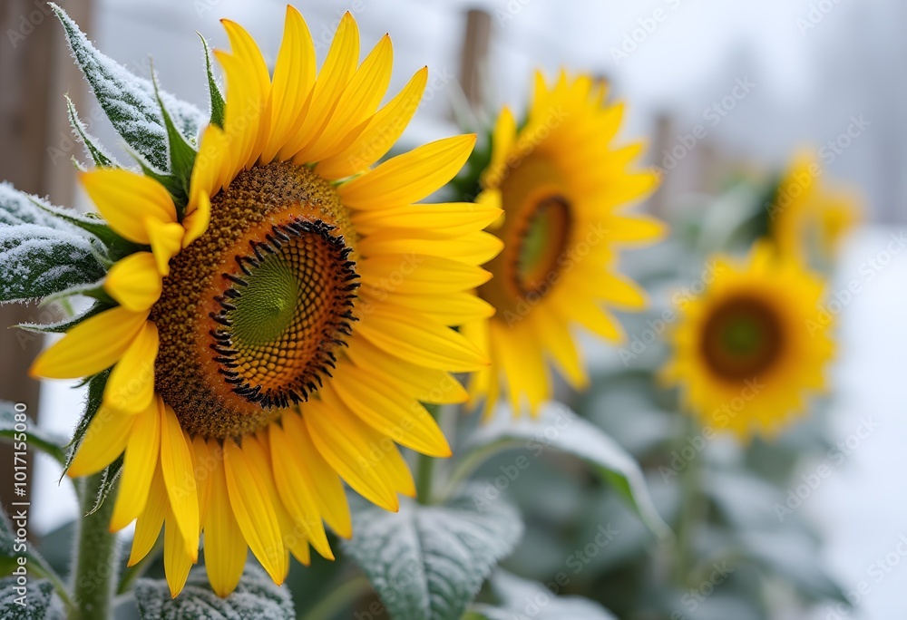 Fototapeta premium Frost-kissed vibrant sunflowers with intricate ice crystals against soft focus background