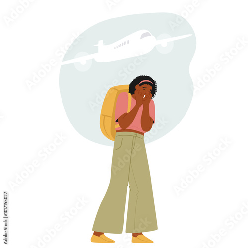 Cartoon Woman Character Feeling Fear And Anxiety About Flying She Stands Nervously While A Plane Silhouette Looms