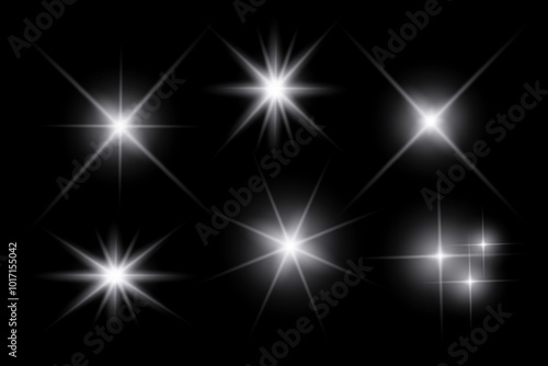 White sparkle lights, flashing lights, light effects, sunlight lens flare, glowing ray beams, sparkling starsicon on black background. photo