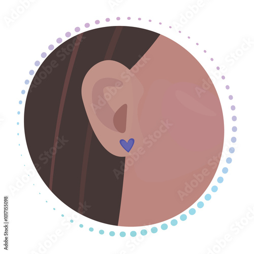 Woman's ear with a blue stud earring in the shape of a heart, vector gradient design, round colorful illustration
