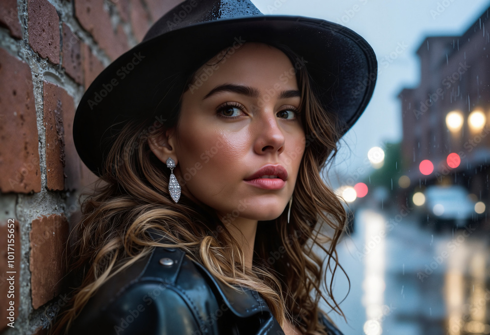 Stylish woman with a hat and earrings in the rain, contemplative expression, urban background Stylish woman with a hat and earrings in the rain, contemplative expression, urban background